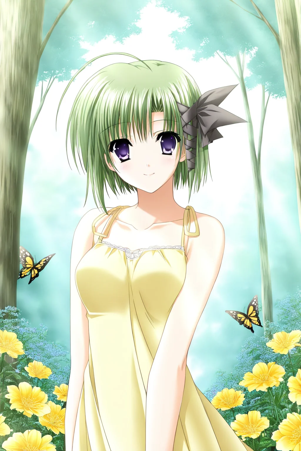 <lora:AsaShigure:0.8>, Asa Shigure, green hair, hair ribbon, ahoge, purple eyes, short hair, 1girl, dress, solo, smile, flower, yellow dress, looking at viewer, bare arms, butterfly, sleeveless, closed mouth, bare shoulders, bug, outdoors, collarbone, sleeveless dress, yellow flower, nature