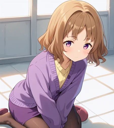 score_9, score_8_up, score_7_up, score_6_up, souce_anime, uncensored, BREAK masterpiece:0.8, best quality,high quality:0.5,(colorful), very aesthetic, absurdres, bold line:0.2, Eugène Delacroix:0.05, detailed eyes, uncensored, 1girl, face foces, amanatsu sensei, brown hair, short_hair, purple eyes, purple cardigan, yellow shirt, long sleeves,purple skirt, pantyhose, slippers <lora:amanatsu_sensei_ponyDiffusionV6XL_Lion_:1>