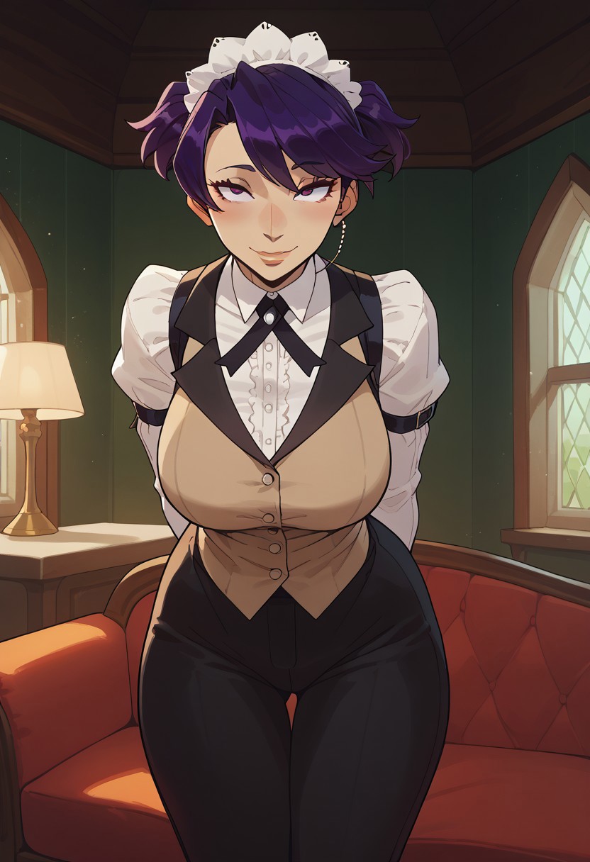 safe_pos, score_9,score_8_up,score_7_up, mature woman, adult woman, 1girl, cute face,kikunop3, purple hair, short hair, short twintails, maid headdress, vest, shirt, pants, gloves, holster, cleveage, perfect face, slim body, bstyptit, busty petite, sexy girl, beautiful eyes, round ass, big breasts, wide hips, thicc, petite figure, thick thighs, long legs,thick legs, perfect face, detailed eyes, perfect black eyes, beautiful eyes, big round eyes, wide hips, thin waist, indoors, living room, mansion, night, nightime, green sky, moon, (skin indentation:1.5),  big breasts, big boobs, 
score_9, score_8_up, score_7_up, score_6_up, score_5_up, score_4_up, BREAK, 1girl, solo, soft smile, small smile, blushing, half open eyes, hands behind back, leaning forward, facing viewer, looking at viewer, 