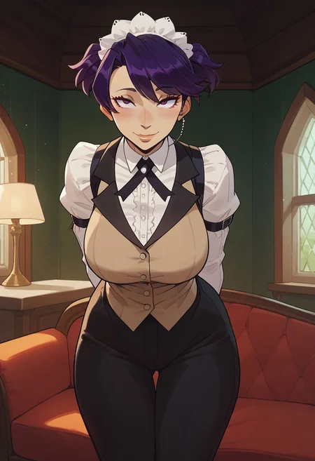 safe_pos, score_9,score_8_up,score_7_up, mature woman, adult woman, 1girl, cute face,kikunop3, purple hair, short hair, short twintails, maid headdress, vest, shirt, pants, gloves, holster, cleveage, perfect face, slim body, bstyptit, busty petite, sexy girl, beautiful eyes, round ass, big breasts, wide hips, thicc, petite figure, thick thighs, long legs,thick legs, perfect face, detailed eyes, perfect black eyes, beautiful eyes, big round eyes, wide hips, thin waist, indoors, living room, mansion, night, nightime, green sky, moon, (skin indentation:1.5),  big breasts, big boobs, 
score_9, score_8_up, score_7_up, score_6_up, score_5_up, score_4_up, BREAK, 1girl, solo, soft smile, small smile, blushing, half open eyes, hands behind back, leaning forward, facing viewer, looking at viewer, 
