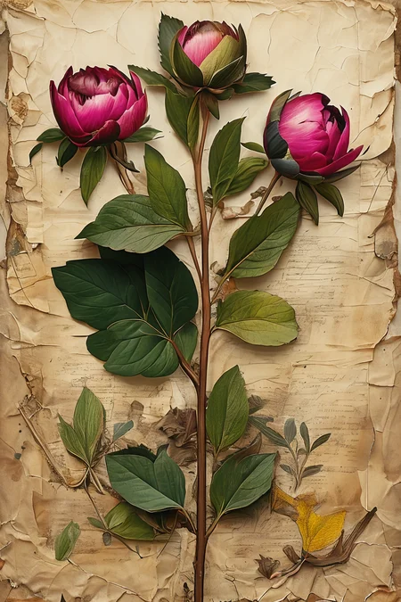 masterpiece,best quality,<lora:tbh229-:1>,Herbarium decaying peonies