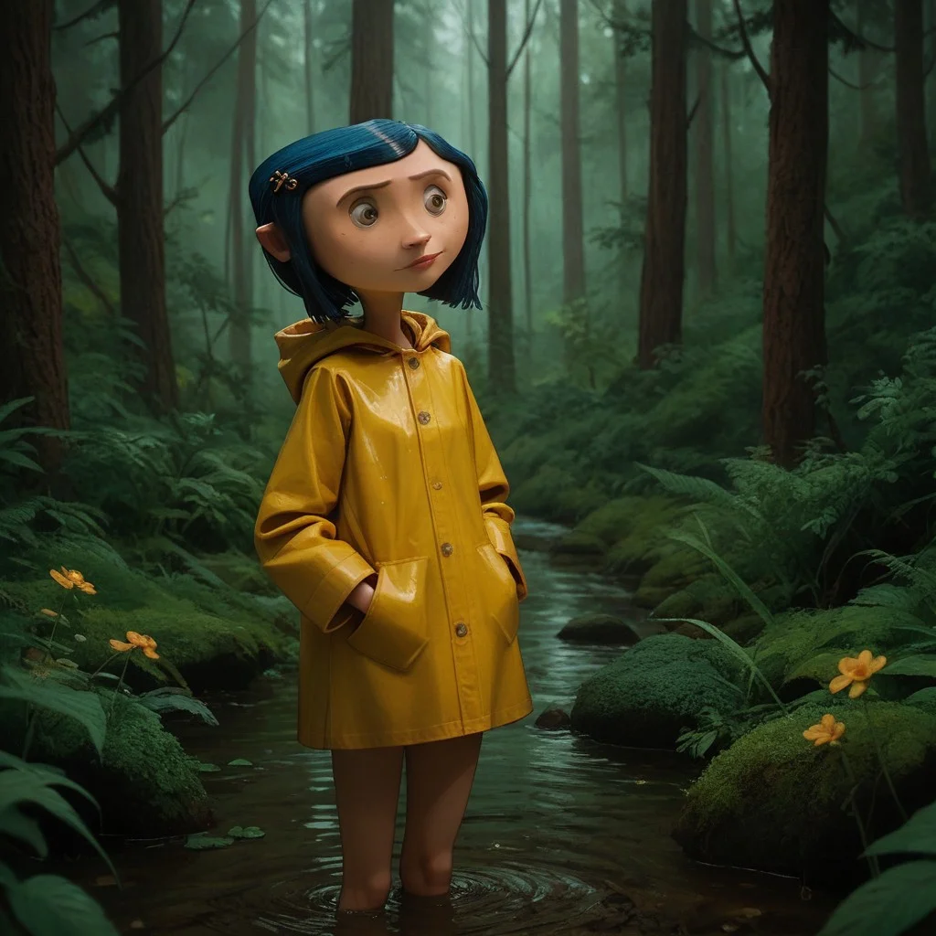 score_9, score_8_up, score_7_up, score_6_up, score_5_up, score_4_up, 1girl, CoralineClay, yellow raincoat, in a forest
