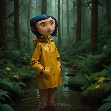 score_9, score_8_up, score_7_up, score_6_up, score_5_up, score_4_up, 1girl, CoralineClay, yellow raincoat, in a forest