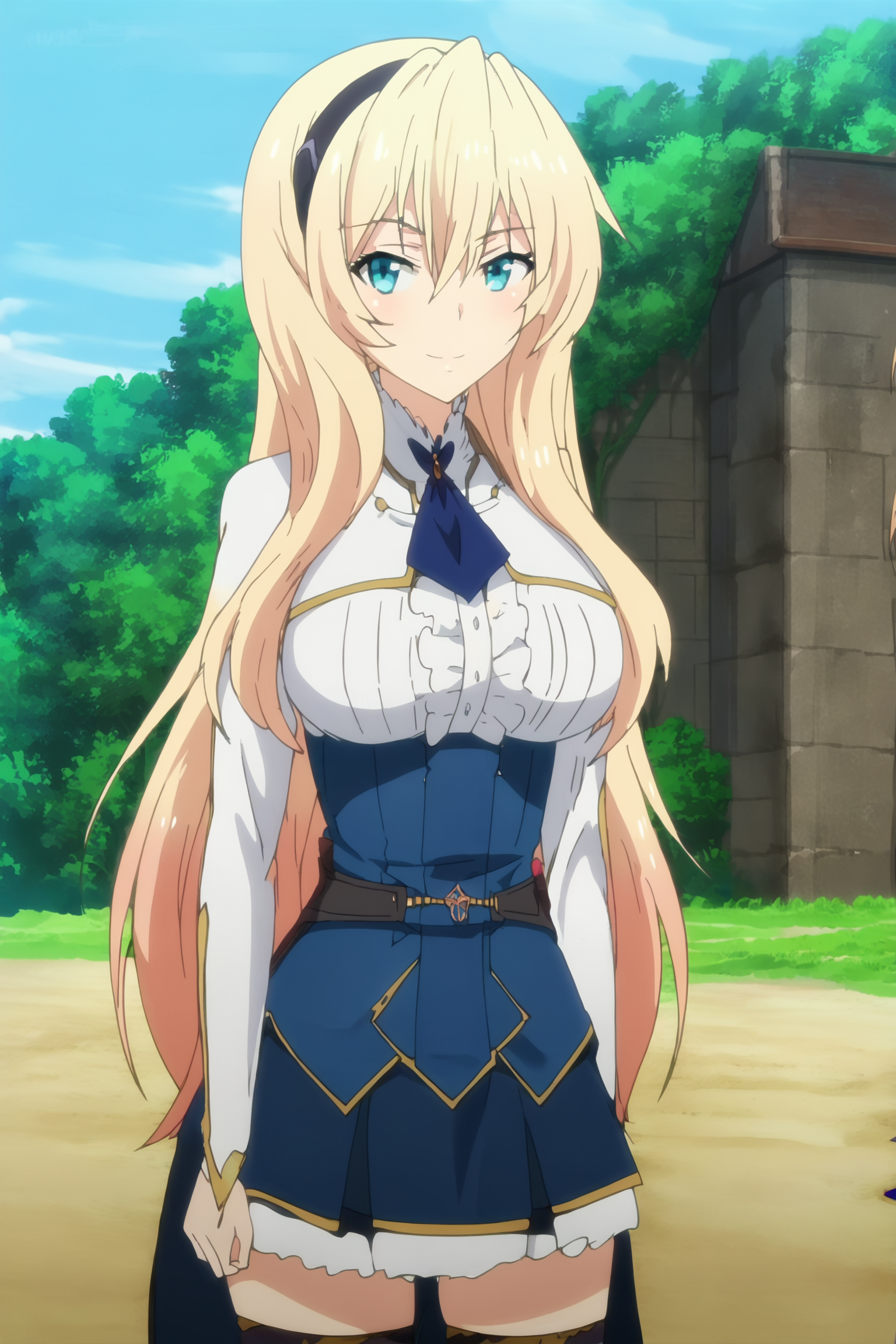 scenery, masterpiece,  best quality, very aesthetic, anime coloring, screencap, anime screencap, masterpiece, detailed face
outside, next to an academy building,
<lora:detailed_backgrounds_v2:.5>,
 <lora:Celistia_Ralgris_Undefeated_Bahamut_Chronicle_-_Pony:1>1girl, solo, mature girl, girl is 18-years-old blonde hair, long hair, hair between eyes, blue (or aqua) eyes, black hairband, large breasts, Celistia uniform outfit, ascot, long sleeves, skirt, zettai ryouiki, black thighhighs,
cowboy shot, confident smile, looking at the viewer