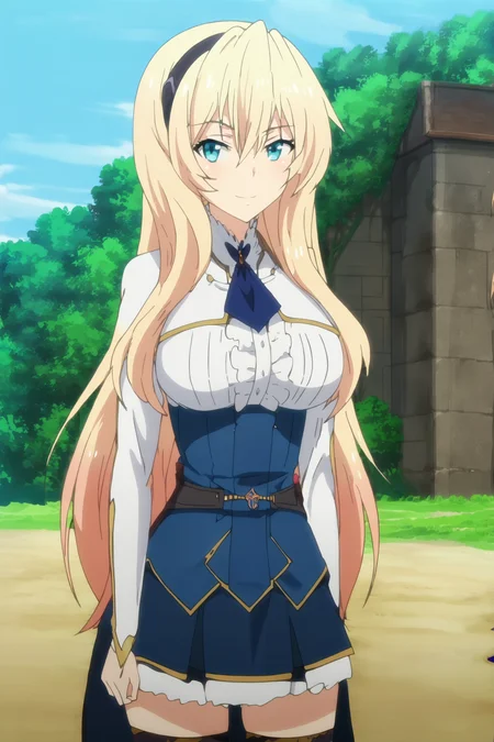 scenery, masterpiece, best quality, very aesthetic, anime coloring, screencap, anime screencap, masterpiece, detailed face
outside, next to an academy building,
<lora:detailed_backgrounds_v2:.5>,
<lora:Celistia_Ralgris_Undefeated_Bahamut_Chronicle_-_Pony:1>1girl, solo, mature girl, girl is 18-years-old blonde hair, long hair, hair between eyes, blue (or aqua) eyes, black hairband, large breasts, Celistia uniform outfit, ascot, long sleeves, skirt, zettai ryouiki, black thighhighs,
cowboy shot, confident smile, looking at the viewer