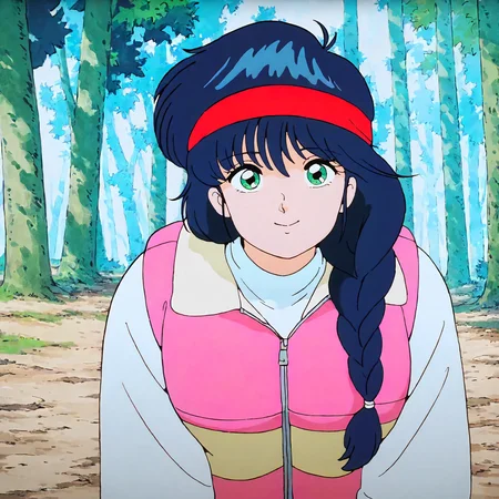 <lora:KOR_MadokaAyukawaXLIllustrious002>,
masterpiece,best quality,good quality,newest,
outdoors,forest,
smile,
looking at viewer,
solo,
MadokaAyukawa,1girl,blue hair,braid,green eyes,
breasts,
red headband,pink cold protection vest,white shirt,