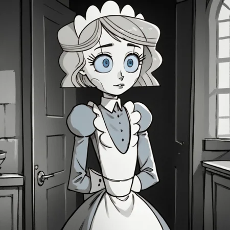 easynegative, Expressiveh, madelinedelaire, score_9, score_7_up, solo, 1girl, emmytr, robot, brown hair, blue eyes, maid uniform, maid headdress, monochrome, manga
