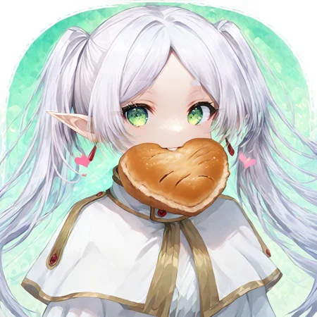 score_9, score_8_up, score_8, score_7_up, 
1girl, solo,
nereirfpnxl, frieren, pointy ears, twintails, green eyes, elf, long hair, white capelet, white hair, white dress, long sleeves, bangs, parted lips, parted bangs,
polka dots background, smile, eating, bread, loaf, eating, close shot, cute girl, looking at viewer, (cowboy shot:1.1),
cute, kawaii, hearts,