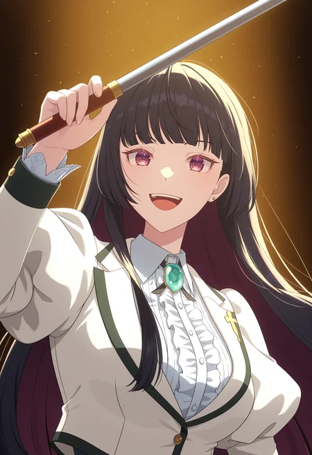 <lora:Kurogane Otoha_illustrious-000056:1>,
urogane Otoha,solo,smile,open mouth,puffy sleeves,juliet sleeves,long sleeves,shirt,frills,upper body,teeth,center frills,jewelry,jacket,holding,white jacket,black hair,