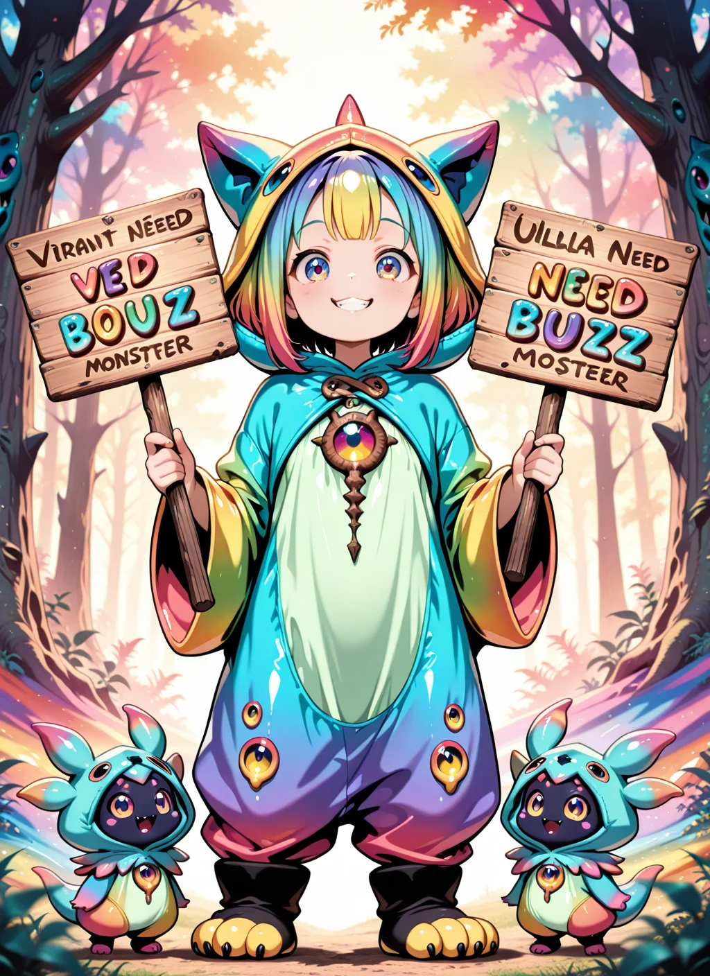 (masterpiece, best quality), amazing quality, very aesthetic, absurdres, high resolution, ultra detailed face, ultra detailed eyes, shiny skin
a cute, petite little girl, wearing a colorful monster costume with a monster hood, multicolored hair, paw shoes, tiny fangs, parted lips, cheerful and playful expression, standing in a colorful and whimsical fantasy world, holding a sign in front of her chest that says "Need Buzz", surrounded by adorable little monsters, group of tiny chibi monsters around her feet and behind her, background full of playful creatures, vibrant colors everywhere, fantasy forest vibes
cute girl, petite, little girl, colorful monster costume, monster hood, multicolored hair, paw shoes, small fangs, parted lips, cheerful, playful expression, colorful background, whimsical world, holding sign, sign text "Need Buzz", surrounded by chibi monsters, group of small monsters, background creatures, fantasy forest, (adorable monster:1.3), (vibrant colors:1.2), (whimsical atmosphere:1.1)
BREAK, depth of field, volumetric lighting,