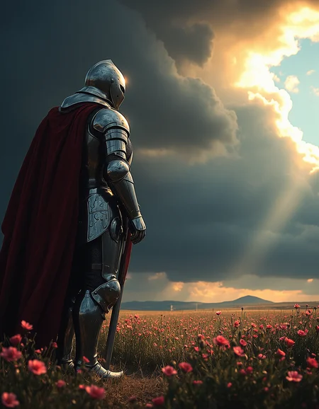 Imagine an image of a knight in gleaming armor standing in a vast battlefield under dark, rolling storm clouds.