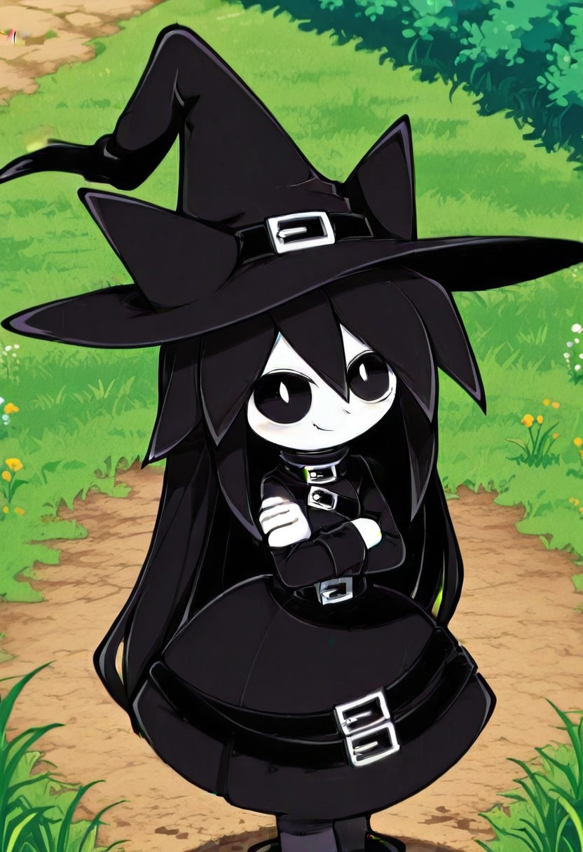 <lora:Chlomaki:1>,Chlomaki,cholmaki \(funamusea\),1girl,animal ears,cat ears,long hair,witch,black hair, animal hat,belt,cat hat,dress,hat,hat with ears,witch hat, outdoors, smile, grass, from above, crossed arms, looking up, funamuseastyle, CartoonyIllustrious