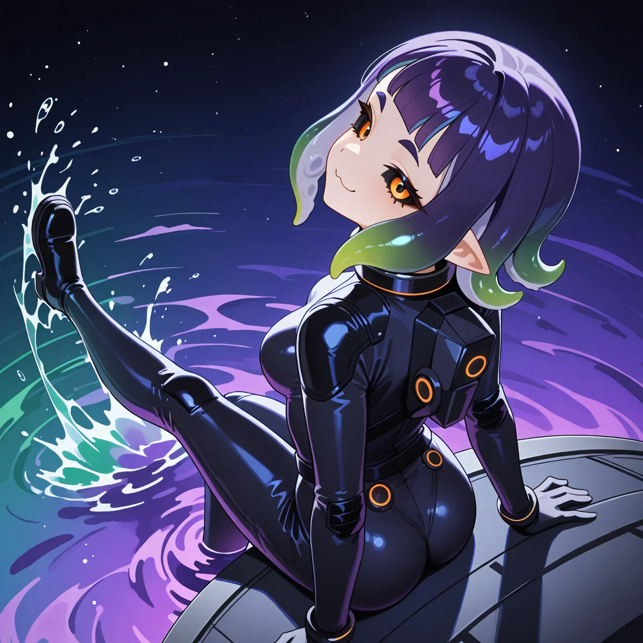 <lora:Splashing_With_Foot_Illustrious:1>
from behind, from above, perspective,
1girl, solo, (scylla:0.7), orange eyes, black sclera, tentacle hair, gradient hair, green hair, purple hair, black spacesuit,
sitting on (round spacecraft:0.7), soaking feet, leg up, kicking, splashing, (ripples:0.5),
turning head, looking back, looking at viewer, smug, BREAK
gradient water, green water, purple water, pointy ears, medium breasts, arms at sides, arm support,
BREAK masterpiece, best quality, newest, absurdres, highres, very awa