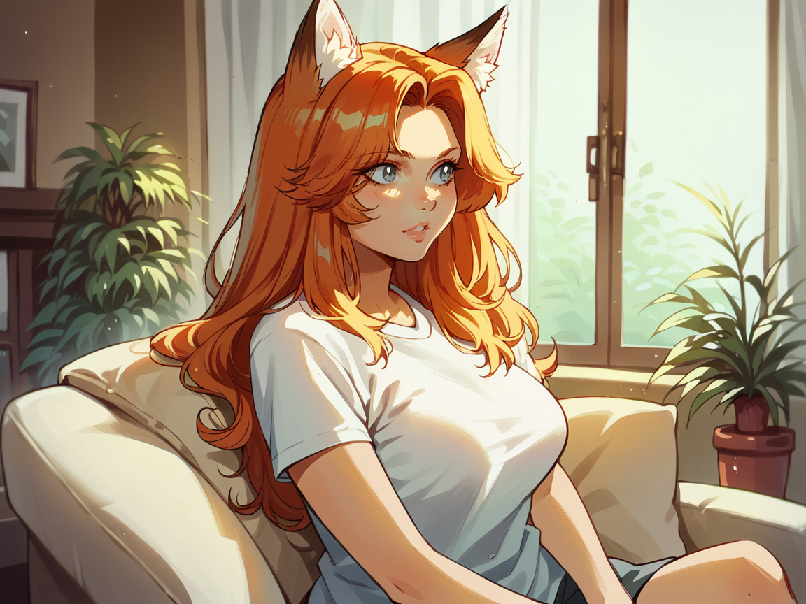 score_9, score_8_up, score_7_up, score_6_up, 1girl, curvy, <lora:1ly4XLP:1> 1ly4, (long hair), fox ears, ginger, grey eyes, large breasts, t-shirt,<lora:EXPERIMENTBUILDINGS_-indoors:1> flwindoors, potted plant, window, couch, retro