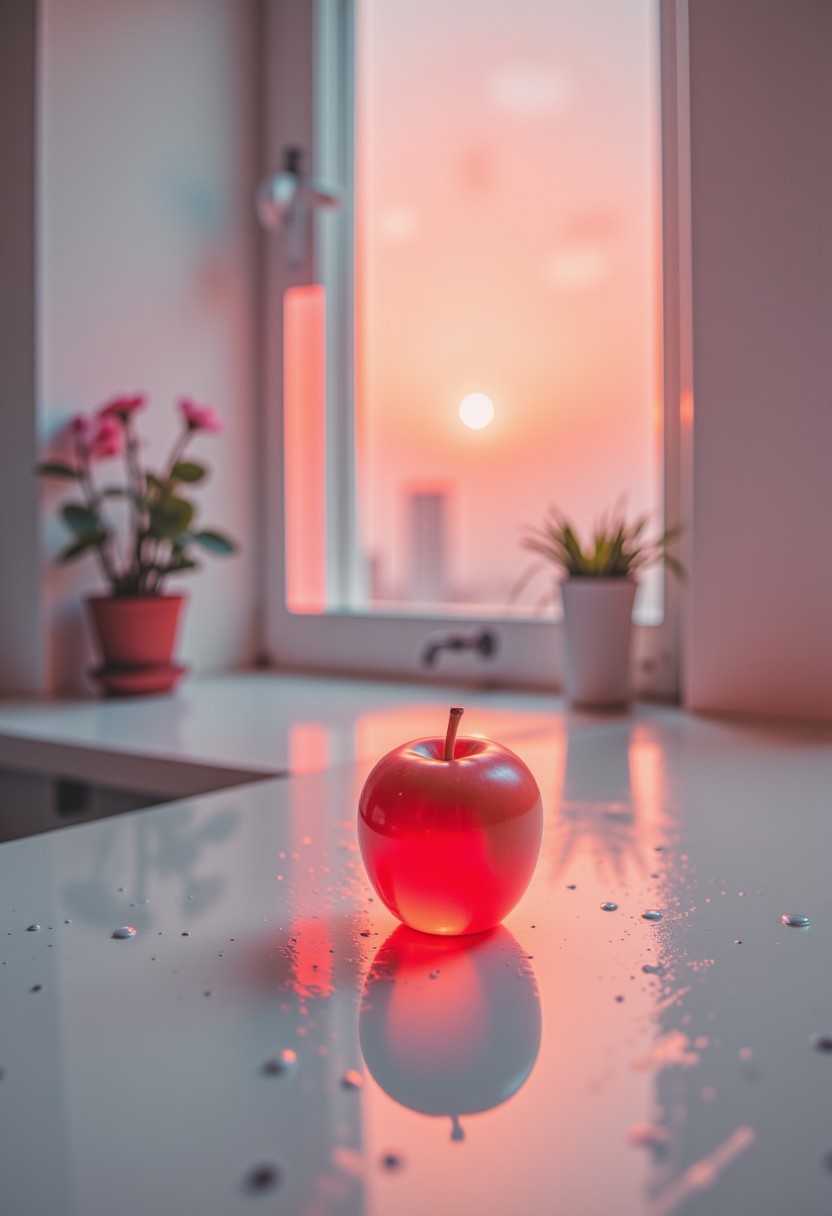 neon-mist,aidmaGlow,
"A single red apple on a white table, illuminated by soft morning light coming through a window."