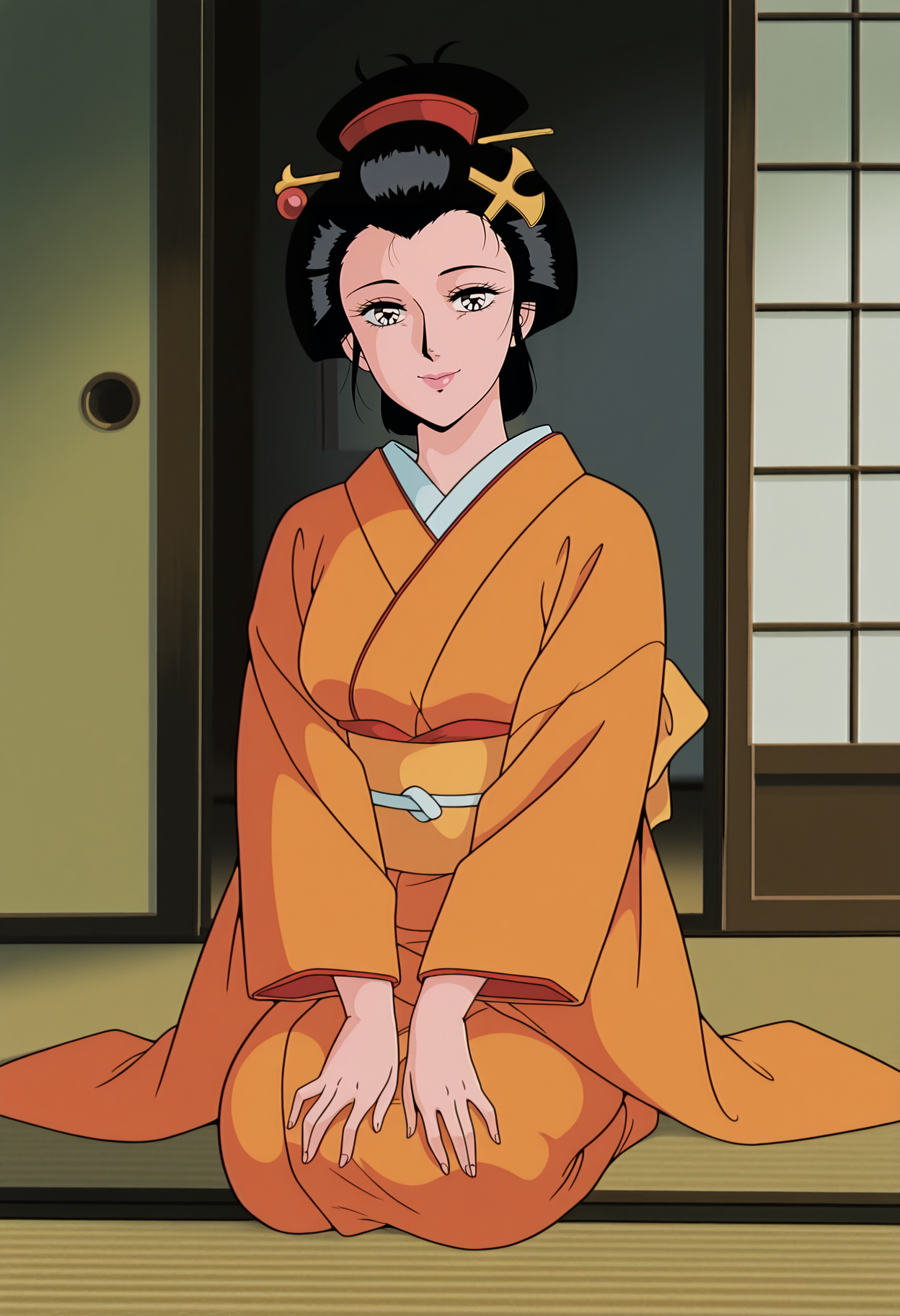1girl,solo,mm,mature female,black hair,hair ornament,lips,anime coloring,retro artstyle,
orange kimono,long sleeves,wide sleeves,looking at viewer, smile,tatami,indoors
,masterpiece,best quality,amazing quality,<lora:Manchiyo-Yaruki_Manman:0.8>