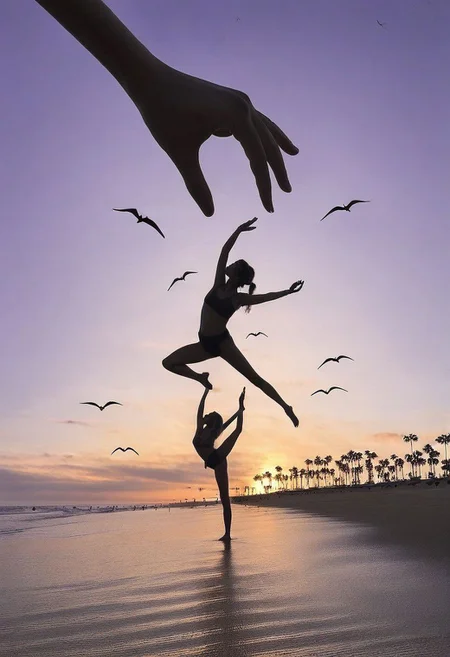 F-B-C, POV, silouhette, foreground: pincer fingers , background: a woman doing a yoga figure on the beach with one leg raised , effect: fingers pull woman's leg up