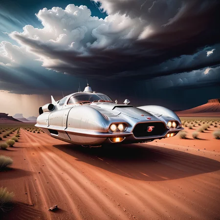 cinematic realism film scene still of a (cloudy sky, night,:1.5) silver chrome  (hovercar), half human half robot face,  style.sportscar, latex, ceiling, dust, non-humanoid robot, looking to the side,  mars desert,  robot joints, biker clothes,  dark background, fisheye, grass, cowboy shot, monitor, orange eyes, flying,   no wheels  . 35mm f1.8 Macro, chiaroscuro, shallow depth of field, vignette, Mise-en-scene, detailed, cinemascope, moody, epic,  key visual, beefy, simple background, by, form, cold blue red orange blue theme,
 <lora:TechMaker_v1-e6:1>