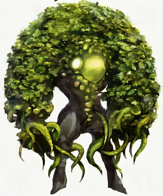 1other, solo, by k-suwabe, colored skin, tentacles , jojo pose, looking at viewer, no humans, no mouth, simple background, solo, stand \(jojo\), moss, compound eyes, white background, full body <lora:ksuwabe-v1-6k-lora:2>