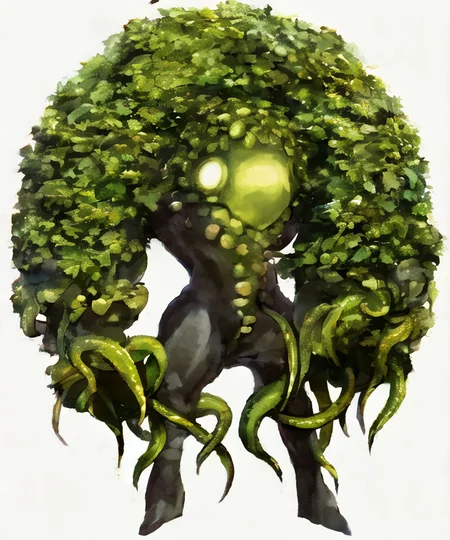 1other, solo, by k-suwabe, colored skin, tentacles , jojo pose, looking at viewer, no humans, no mouth, simple background, solo, stand \(jojo\), moss, compound eyes,  white background, full body <lora:ksuwabe-v1-6k-lora:2>