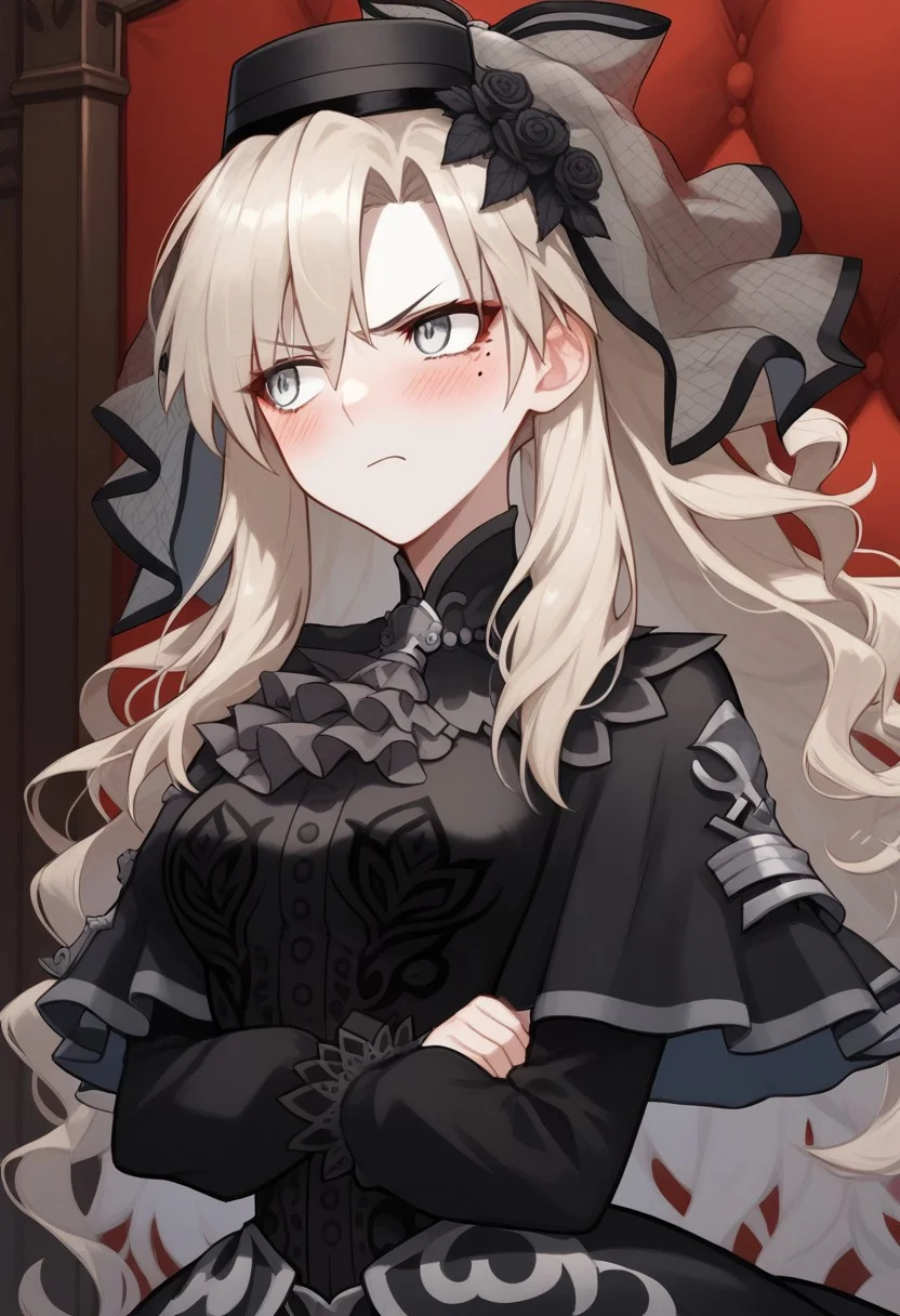 score_9, score_8_up, score_7_up, professional anime,1girl,solo,(kriemhild from fate grand order),pale skin, grey eyes, grey hair, long hair, curly hair, mole under eye, makeup, hat, veil, rose, black dress, ascot, capelet, long skirt,averting eyes, blushing, tsundere, arms crossed,looking to the side,room