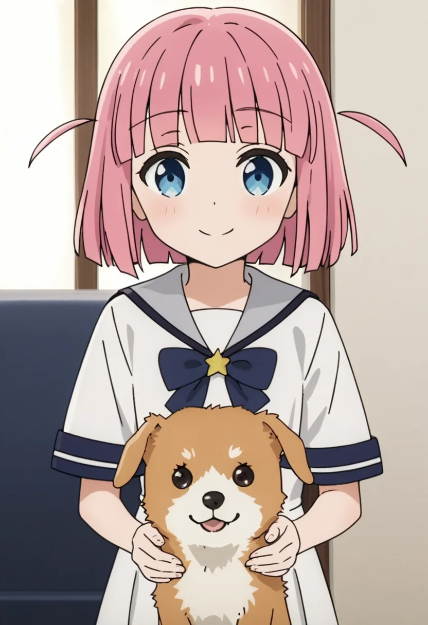 score_9, score_8_up, score_7_up, source_anime,anime screencap, anime coloring,intricate details,rating_explicit, masterpiece, best quality,
(best quality, absurd res, ultra detailed),,(4 finger:0.5),1girl, ((solo)), good eyes,perfect eyes,,detailed eyes, zPDXLxxx , zPDXL3,detailed, detailed face
BREAK
solo,indoors,standing,front view,
futari_gotoh, blue eyes, pink hair, short hair, blunt bangs, two side up, school uniform, serafuku, sailor dress, white dress,
smile, holding dog,
, <lora:add-detail-xl:2> <lora:futari:0.8>