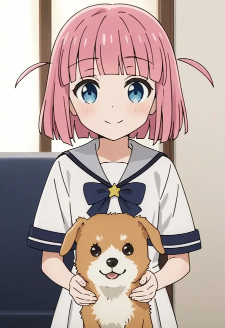 score_9, score_8_up, score_7_up, source_anime,anime screencap, anime coloring,intricate details,rating_explicit, masterpiece, best quality,
(best quality, absurd res, ultra detailed),,(4 finger:0.5),1girl, ((solo)), good eyes,perfect eyes,,detailed eyes, zPDXLxxx , zPDXL3,detailed, detailed face
BREAK
solo,indoors,standing,front view,
futari_gotoh, blue eyes, pink hair, short hair, blunt bangs, two side up, school uniform, serafuku, sailor dress, white dress,
smile, holding dog,
, <lora:add-detail-xl:2> <lora:futari:0.8>
