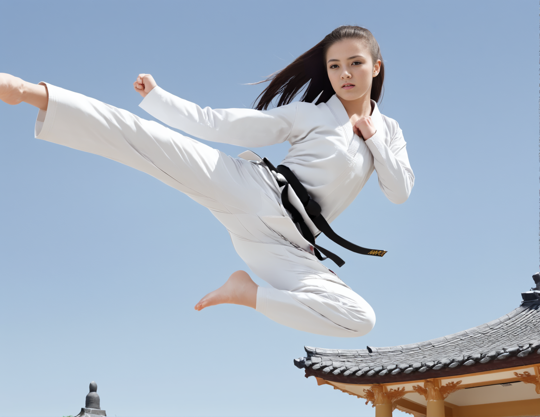 jusiki, side view, (slim 25yo woman) doing a jump sidekick in front of a pagoda. the girl wears white karate uniform, black belt and has long brunette straight hair <lora:JumpedSideKick-000007:1>