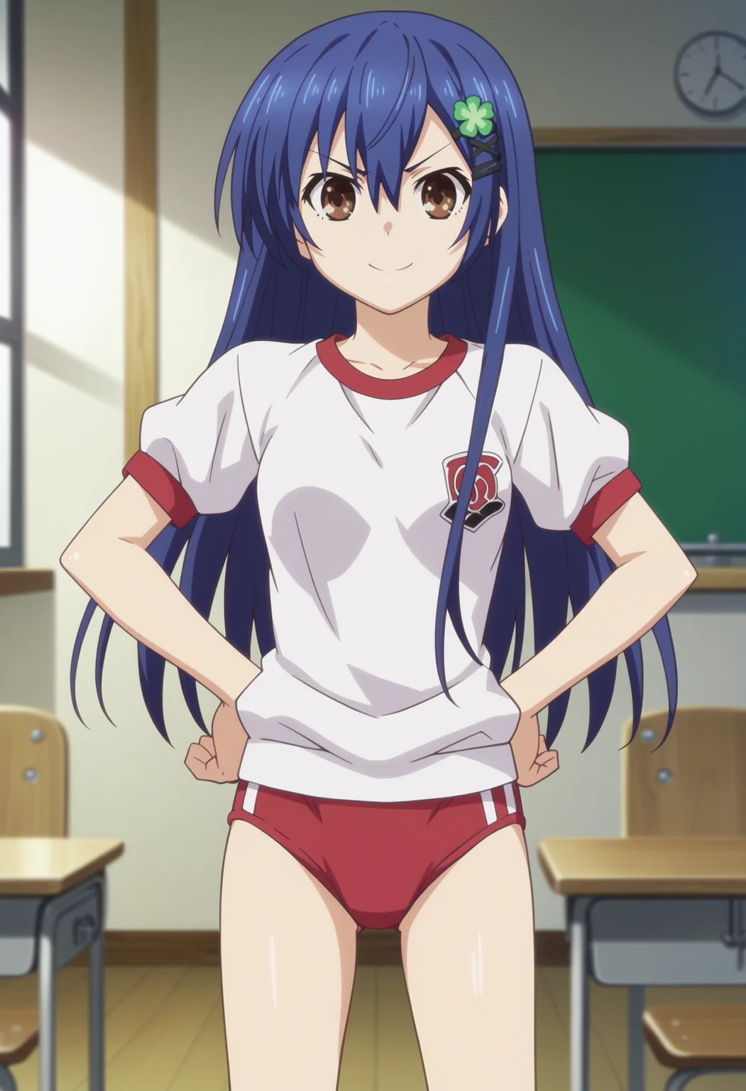 score_9, score_8_up, score_7_up, anime screencap, BREAK,
1girl, itsukashiori, blue hair, long hair, brown eyes, clover hair ornament, hairclip,
v-shaped eyebrows,
gym uniform, white shirt, red buruma,
smile, hands on hips, standing, solo, looking at viewer, indoors, classroom background, <lora:ItsukaShioriPDXL_byKonan:1>