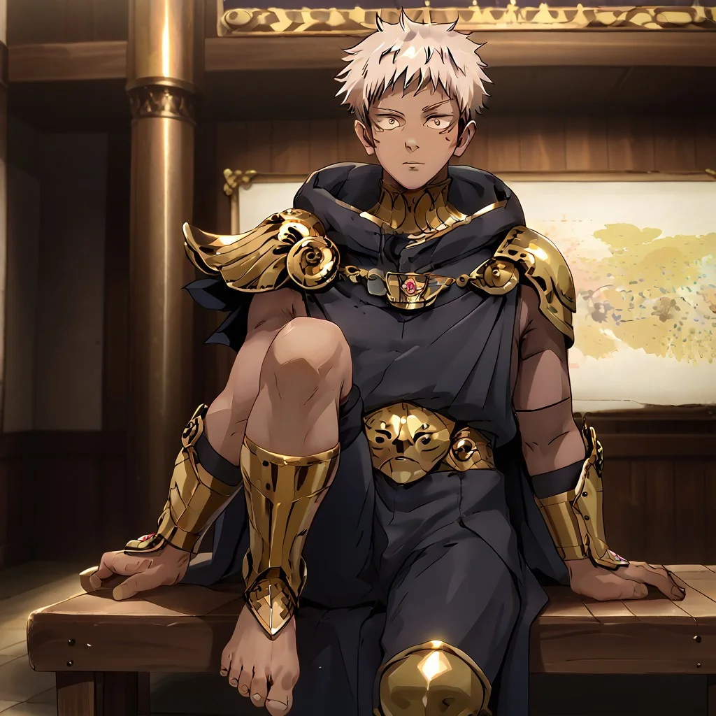 source_anime, anime screenshot, anime colouring, (High Resolution), (More Details), (8K), (High Resolution), ((4k,8k,Ultra HD)),((Masterpiece :1.2)),((Best quality :1.2)),((Detailed :1.5)),((Detailed background :1.5)),highly detailed, intricately detailed illustration, Palace background, indoors, solo, 1male, Dark skin, white hair, yellow eyes, male focus, black cloak, black pants, barefoot, 5 toes, leg armor, gold leg armor, shin armor, shoeless leg armor, itadori yuuji, itadori_facial mark, leg armor, gold leg armor, shin armor, shoeless leg armor, sitting on bench, feet, soles