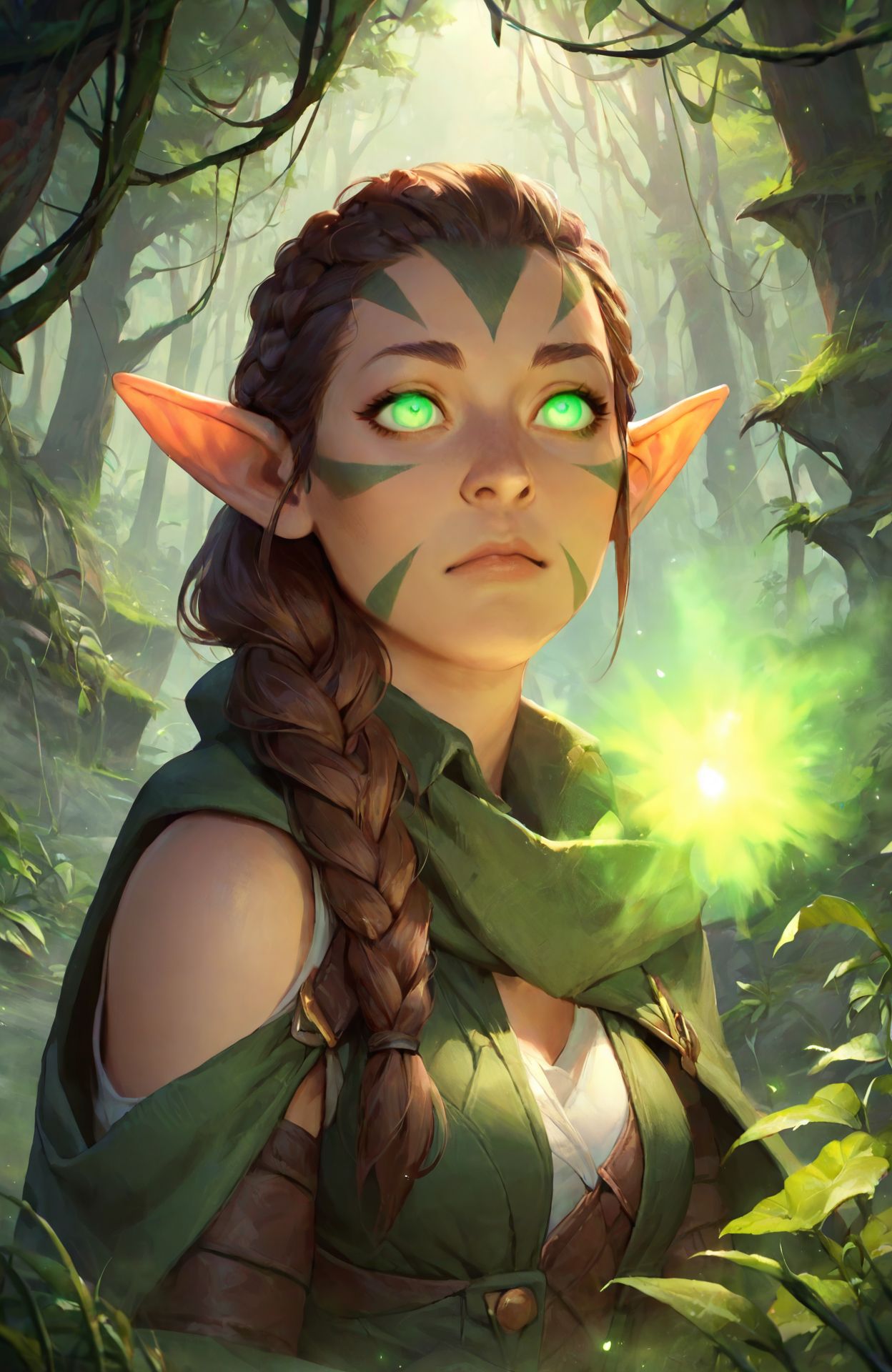 <lora:nissa_pny-9:0.8> nissa, upper body, magic, 1girl, brown hair, braid, glowing eyes, green eyes, pointy ears, facial mark, outdoors, forest, moss, roots, light particles, fog, source_cartoon, photoshop \(medium\),, score_9, score_8_up, score_7_up, score_6_up, score_5_up, score_4_up, ponypositive,