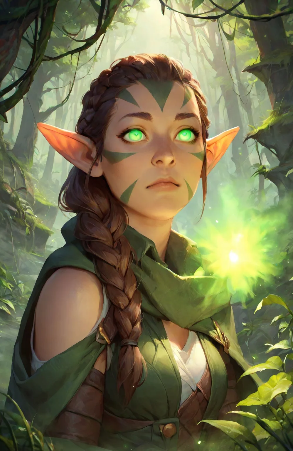 <lora:nissa_pny-9:0.8> nissa, upper body, magic, 1girl, brown hair, braid, glowing eyes, green eyes, pointy ears, facial mark, outdoors, forest, moss, roots, light particles, fog, source_cartoon, photoshop \(medium\),, score_9, score_8_up, score_7_up, score_6_up, score_5_up, score_4_up, ponypositive,