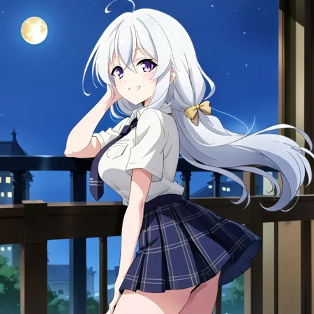 (score_9:0.9),score_8_up,score_7_up,rating_safe,anime style,(zPDXL),masterpiece, anime coloring) rating_safe, anime style, anime_screencap, source_anime,
BREAK source_anime, anime, best quality, masterpiece, rating_safe, uncensored, High quality, 8k, Ultra,
BREAK (Balcony, night sky, moon, wind),
BREAK 1girl, Elaina (Majo no Tabitabi), long hair, hair between_eyes, blue eyes, purple eyes, white hair, ahoge, braid,
hud_schgrl, white collared shirt, necktie, plaid pleated skirt,
BREAK ((cowboy shot)),(looking back),(hand in own hair),(hand between legs),(from back),
busty breasts,
(medium breasts:1.2),looking at viewer, smile,