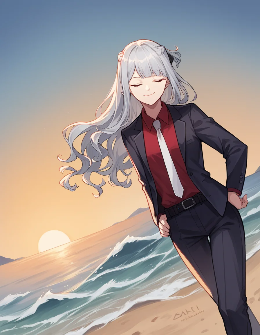 score_9, score_8_up, score_7_up, source_anime, <lora:girlsfrontline-ak-12-ponyxl-lora-nochekaiser:1>, ak-12, ak-12 (girl's frontline), closed eyes, grey hair, long hair, bangs, pale skin, straight hair, curly hair, braid, french braid, sidelocks,, belt, black jacket, black pants, business suit, formal, jacket, long sleeves, necktie, pants, red shirt, shirt, suit, white necktie,, beach, sunset, walking along shore, footprints in sand, waves, peaceful, , smug, hands on hips,, looking at viewer, solo,, dutch angle, cowboy shot