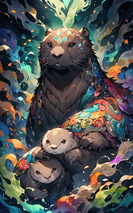 watercolor painting, triadic colors, dark brown fur, rich, best quality, vibrant colors, intricate details, black eyes eyes, short sleek fur, high detail, very aesthetic, night, masterpiece, dark green background, an otter, complex background