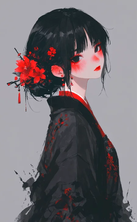 masterpiece, best quality, amazing quality, 1girl, solo, looking at viewer, simple background, black hair, hair ornament, closed mouth, upper body, flower, earrings, hair flower, grey background, hair bun, black eyes, from side, makeup, chinese clothes, single hair bun, red flower, lipstick, stud earrings, red lips, hanfu, Cinematic Lighting, Karinami Inkblush mode,thick ink outlines,soft marker gradients,era 2020s indie illustration,(Inkblush style:1.2), <lora:noobai_ep11_stabilizer_v0.138_fp16:0.3> <lora:XXX667:0.6> <lora:lpc_v10:0.7> <lora:96YOTTEA-WAI:0.6> <lora:Karinami_Inkblush_mode_Illustrious_clean:0.55>