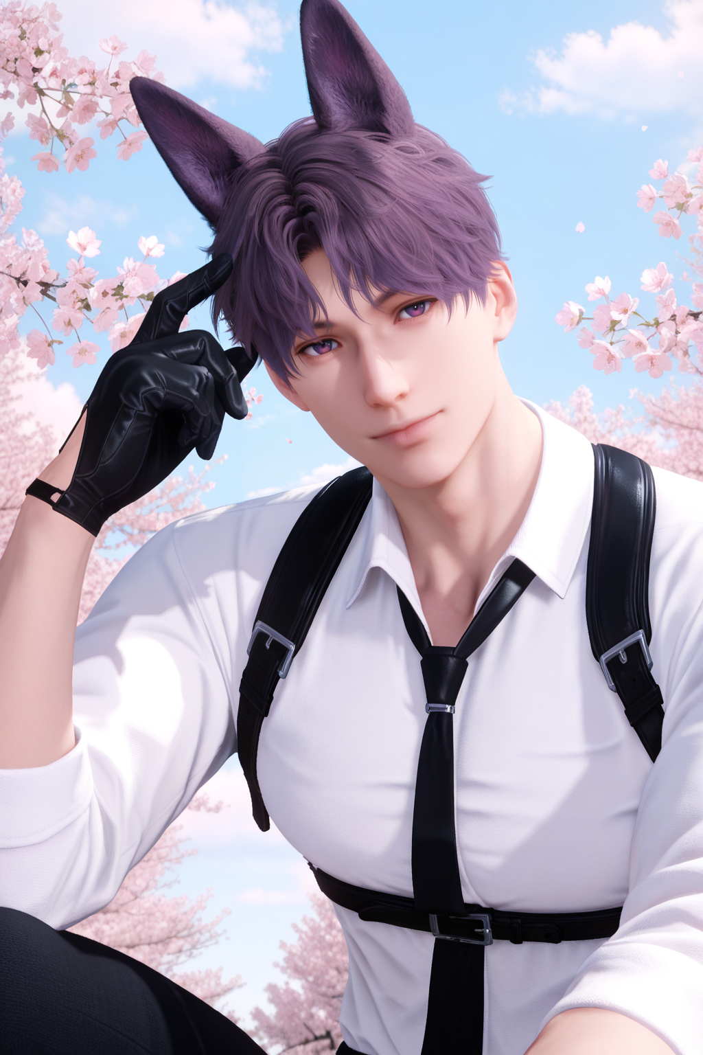 <lora:rafayel-IL-000008c:0.9>,Rafayel, 1boy, male focus, solo, short hair, looking at viewer, shirt, white shirt, collared shirt, gloves, necktie, black gloves, cherry blossoms, outdoors, black necktie, day, sky, animal ears, blue sky, harness, chest harness, finger to head, purple hair,  bara,male focus,very awa,masterpiece,best quality,amazing quality,nsfw,uncersored,highres,best quality,amazing quality,best aesthetic,absurdres,