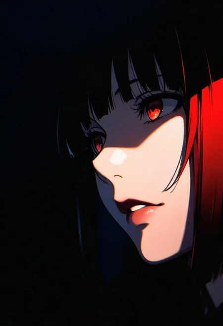 1girl, jabami yumeko, solo, dark, light, masterpiece, best quality, very aesthetic, close up,  parted lips