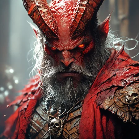 An elaborate Baroque-style oil painting of a high-ranking skeleton warrior, perched confidently atop a towering mound of skulls. Its glowing red eye sockets radiate an intense, malevolent light, illuminating the surrounding darkness. The warrior wields a massive, broken broadsword, captured in mid-swing, as if poised to strike. Tattered leather armor hangs in tatters from its decayed bones, revealing the dirt and grime accumulated over countless battles. The ornate details of the armor and weapon contrast starkly with the grimy skeletal figure. Below, the skull mound forms a chaotic yet majestic throne, emphasizing the warrior's dominance. The eerie catacombs in the background, with crumbling stone walls and dark shadows, enhance the haunting atmosphere, filled with swirling red magic in the air.