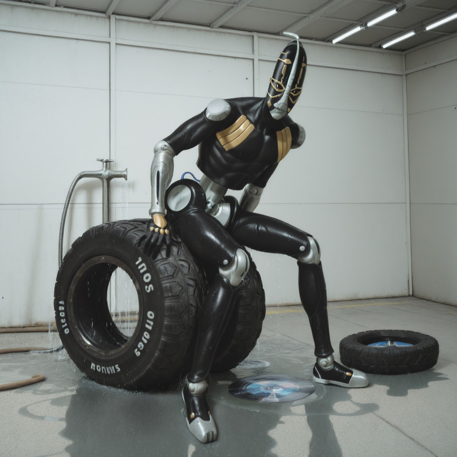 realistic, photorealistic, photo, cosplay photo, masterpiece, best quality, newest, absurdres, highres, foof, solo, full body, stand (jojo), 1boy, colored skin, yellow eyes, black sclera, joints, fangs, leaning, looking at viewer, wet, closed mouth, BREAK, warehouse, tractor, unused tire, cd, wet floor, faucet, hose, water