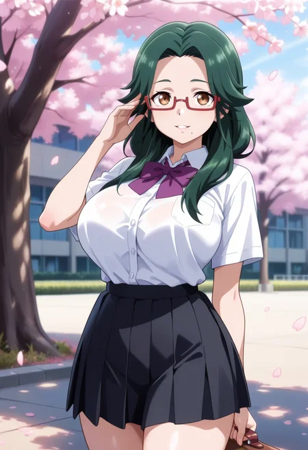 masterpiece, best quality, amazing quality,asari jiangma, brown eyes, green hair, long hair, glasses, mature female,mole under the lip, 1girl, breasts, semi-rimless eyewear,under-rim eyewear, solo,large breasts, red-framed eyewear,school uniform,pleated skirt,white shirt, black skirt, purple bow,short sleeves, parted lips, light smile, standing, looking at viewer, cowboy shot, blurry background, outdoors, school, cherry blossoms <lora:asari jiangmaV1:0.8>