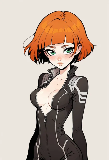 score_9, score_8_up, score_7_up, anime style,
((one girl)), small stature, thin body, fragile thin body, ginger hair, bob cut, freckled face and body, little round face, big eyes, green eyes, small mouth, thin lips, thin black coloured eyebrows, blush, makeup, small breasts, thin waist, narrow hips, white skin, round breasts, breasts together, cleavage, break, ((sexy jumpsuit))), break, (dynamic pose), break, ((portrait, closeup)), break, (simple background),