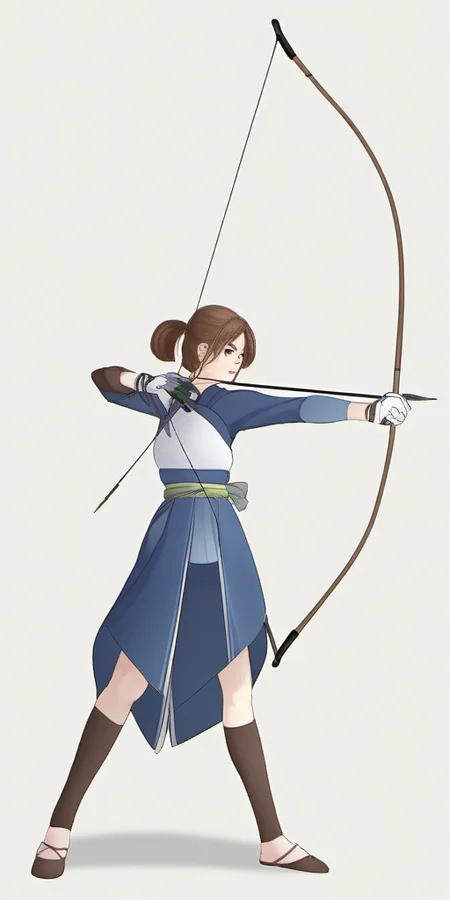 Bow, Japanese, kyudo, yumi, 1girl, solo, skirt, brown hair, gloves, holding, standing, full body, ponytail, weapon, single glove, bow \(weapon\), partially fingerless gloves, arrow \(projectile\), holding bow \(weapon\), aiming, drawing bow, archery, in the style of <lora:bow01_xl:1>