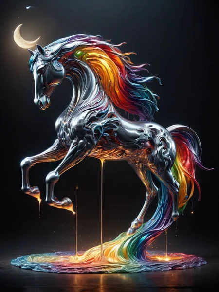 ais-moltenz carousel horse with flowing rainbow mane, leaping over a crescent moon <lora:Molten_Metal_SDXL:1>
