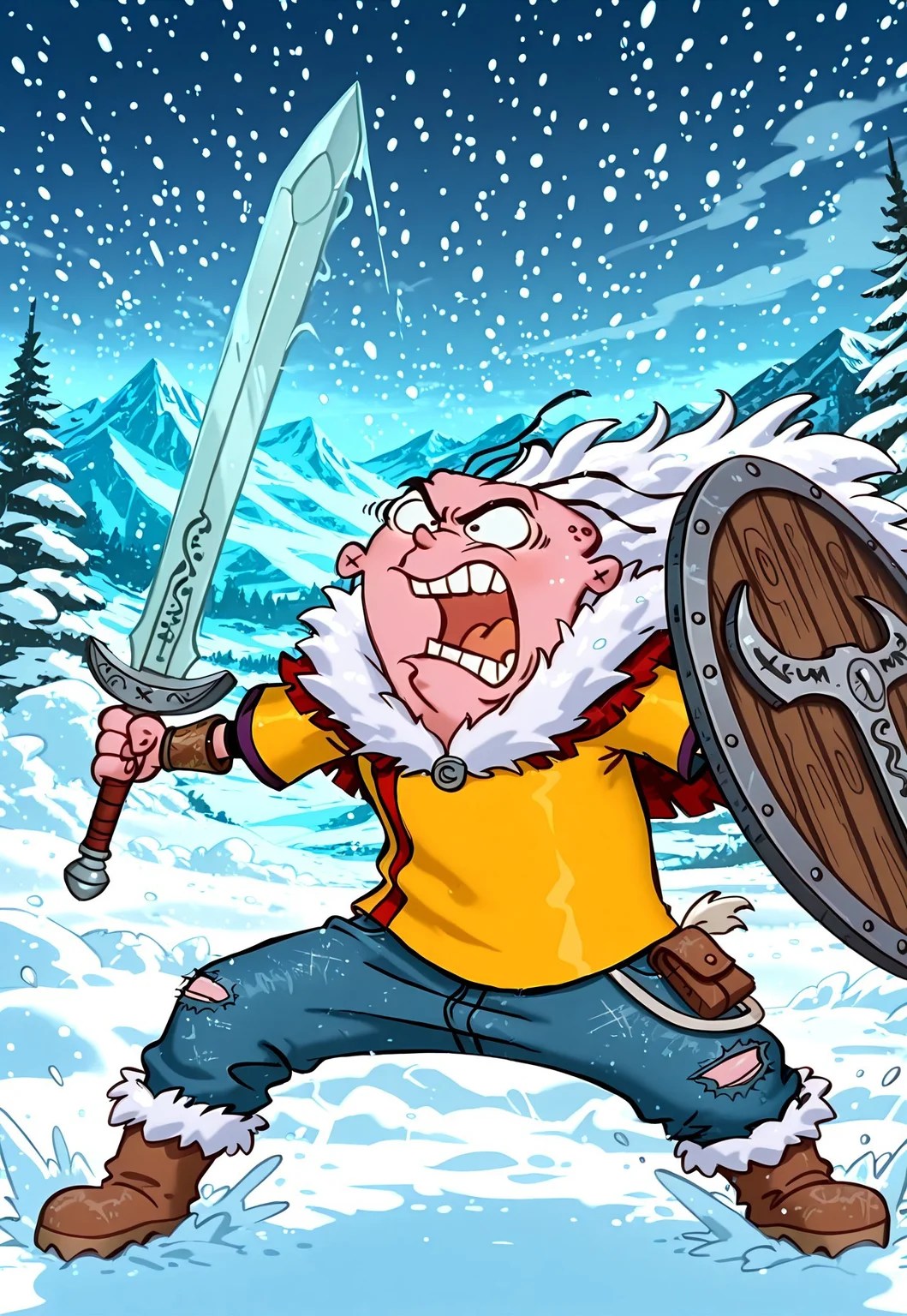 masterpiece, absurdres, highest quality, highly detailed, 1boy, solo, (eddyboy:1.2), (sc4m:1.2), yellow shirt, blue jeans, three hairs, multicolored viking shield, viking sword, bracers, fur boots, combat stance, glacial fjord background, snowstorm, heavy snow, yelling, battle cry, animal pelt armor, wolfskin cape, viking runes on sword,