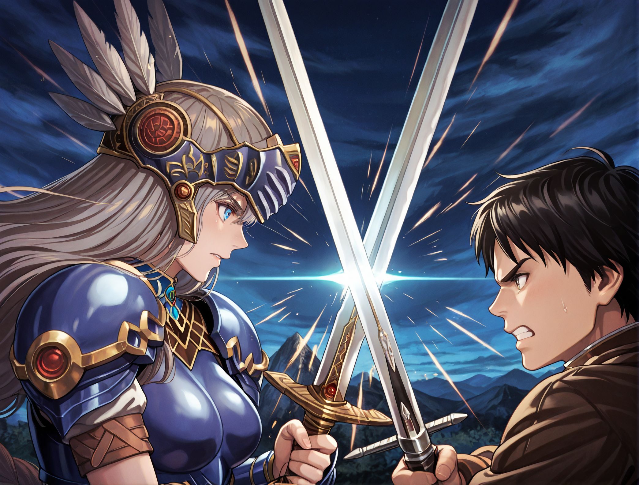 masterpiece,best quality,amazing quality,very aesthetic,absurdres,newest, huge filesize,
<lora:spo_sdxl_10ep_4k-data_lora_webui:0.5>,
<lora:add-detail-xl:1>
 official art, valkyrie profile \(series\),
1girl, 1boy, fighting, hetero, 
SwordClash, sword, holding sword, sword, weapon, holding weapon,from side, 
<lora:SwordClashIL-000019:0.8>
night,blue sky,  blush, 
BREAK
1girl, 1boy, fighting, hetero, 
SwordClash, sword, holding sword, sword, weapon, holding weapon,from side, 
<lora:Valkyrie_ProfileV1_r1:0.9>Valkyrie ProfileV1, long hair,brown hair,  V_Lenneth ,
grey hair,   blue armor,helmet, blue eyes,
BREAK
1girl, 1boy, fighting, hetero, 
SwordClash, sword, holding sword, sword, weapon, holding weapon,from side, 
short hair male,
 V_Lucien,