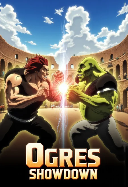 Movie poster of the movie called "Ogres Showdown" in Manga and Anime cartoon style including two characters facing off, standing agains each others. the title "Ogres Showdown" in on top of the poster.
The title "Ogres Showdown" on the top of screen is wrriten in bold, metalic, 3d font. The first character is Yujiro Hanma, muscular warrior with spiky red hair that wears a black sleveless shirt and also black pants, Yujiro stands in the left part of the poster, yujiro smiles in exaggerated expression
Again him in the right part of the poster stands Shrek, they both throw a punch and thier fist meet in the middle of the poster.
On the place where their fists connect appers red lightning auralora, they are looking intro each others eyes.
Shrek opens his mouth in angry roar.
The bacground is ancinet roman colloseum.
They both have Perfect hand.
aidmatextimprover