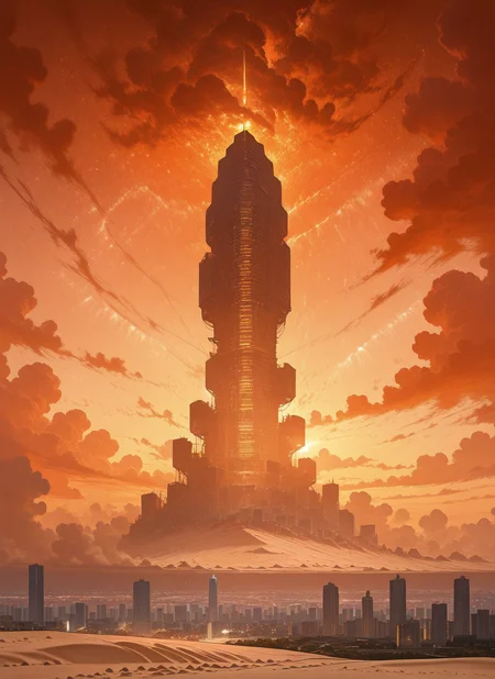 artist:, masterpiece, best quality, newest, very awa, absurdres, highres, scnr, futuristic city, neon lights, sand, massiva buildings, orange hues, detailed, <lora:SDXL\Illustrous\Concept\Scenery_Enchancer-Illu-scnr:1.0>