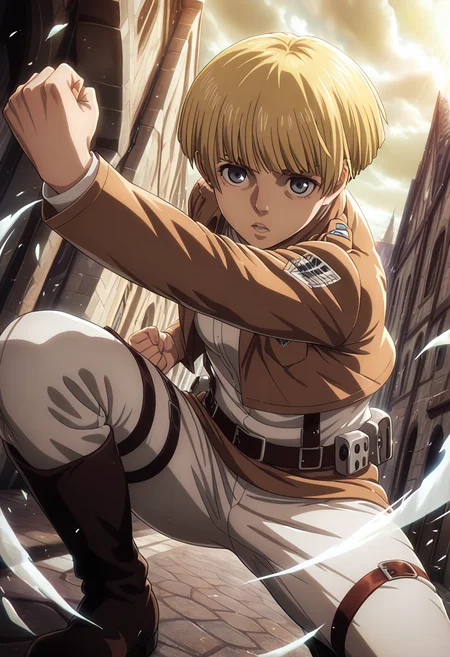 masterpiece, best quality, 32k, high resolution, absurdres
1girl, solo, yelena, blonde hair, dark blue eyes, short hair, bowl cut, blunt bangs
military uniform, suspenders, white pants, belt, boots
dynamic pose, fighting stance, attacking viewer, fists, dynamic angle, dynamic perspective, depth of field
indoors, Attack on Titan city, street, cloudy
motion lines, from both sides, light particles, dynamic angle,  cinematic angle, various angles, detailed background, beautiful background, (rays light:1.0),(grow:1.0) vivid colors, shiny and glossy, anime style, high-res, beautiful aesthetic, very intricate, high-quality details, vibrant, 
<lora:add-detail-xl:1.10> <lora:spo_sdxl_10ep_4k-data_lora_webui:0.95> <lora:noobai_ep11_stabilizer_v0.138_fp16:0.6> <lora:StS-Illustrious-Detail-Slider-v1.0:1.10> <lora:cfg_scale_boost:0.95> <lora:nyalia:0.20>    <lora:lora.TA_trained:1>