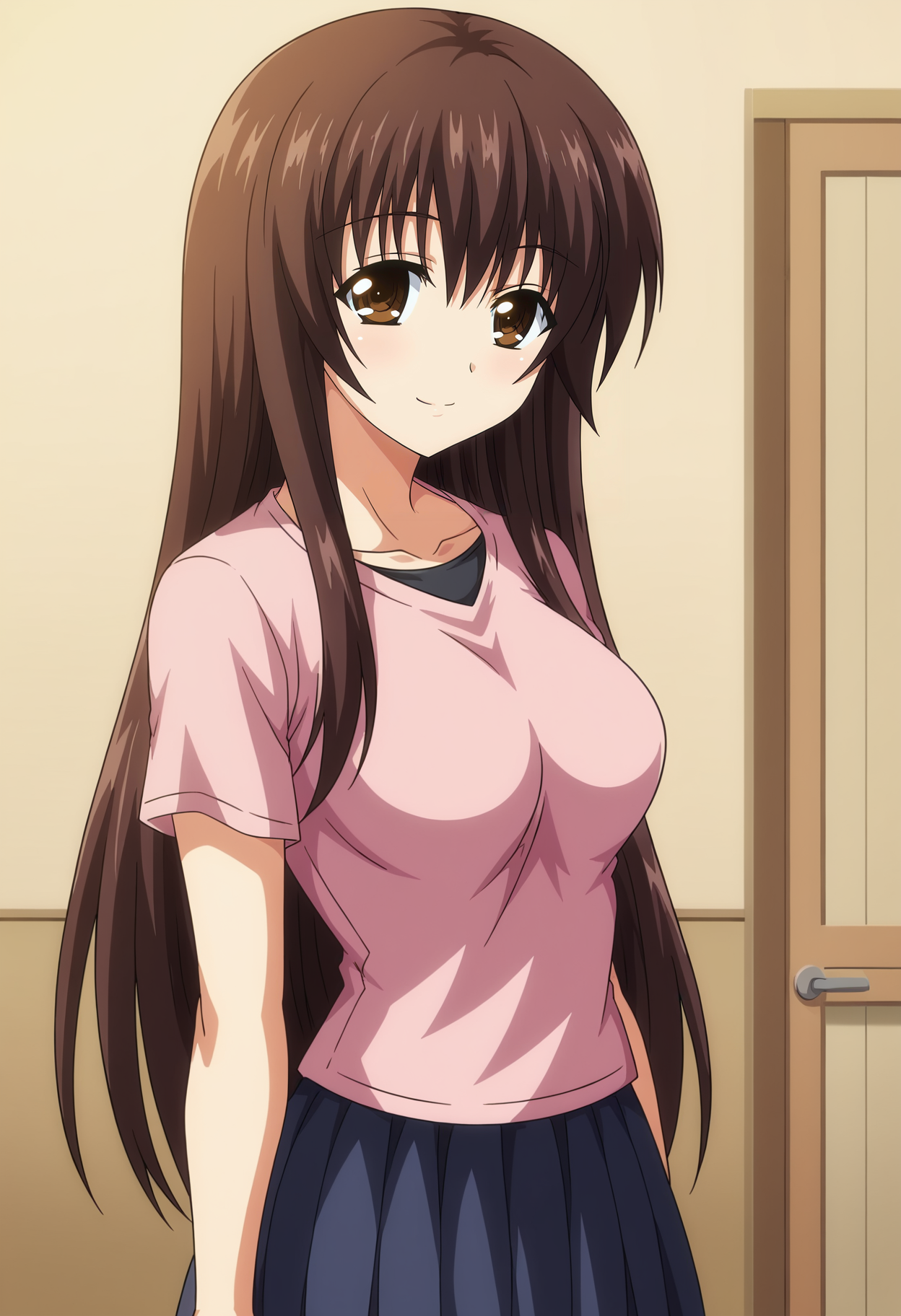 <lora:Komachi_Yakuouji-Pretty_x_Cation:0.8>,Komachi,1girl,solo,long hair,brown eyes,brown hair,breasts,t-shirt,skirt, cowboy shot, looking at viewer, smile,indoors,
